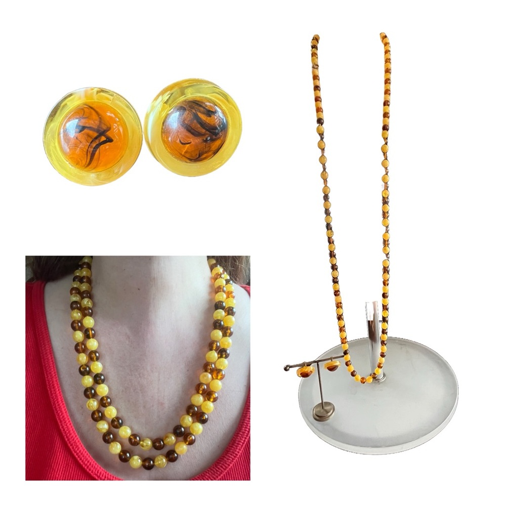 Amber and butterscotch tone long bead necklace and clip on earrings set